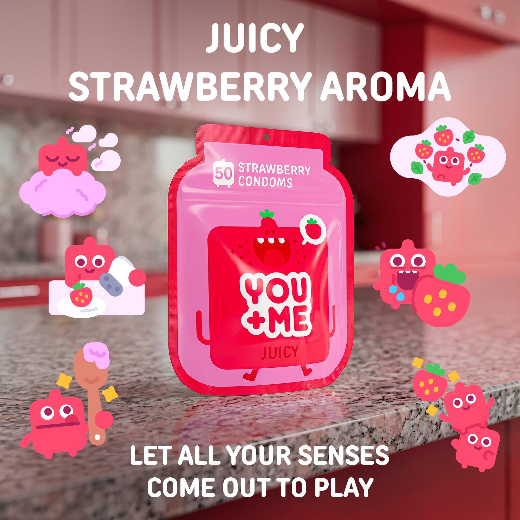 JUICY VEGAN CONDOMS WITH STRAWBERRY AROMA 50 PCS