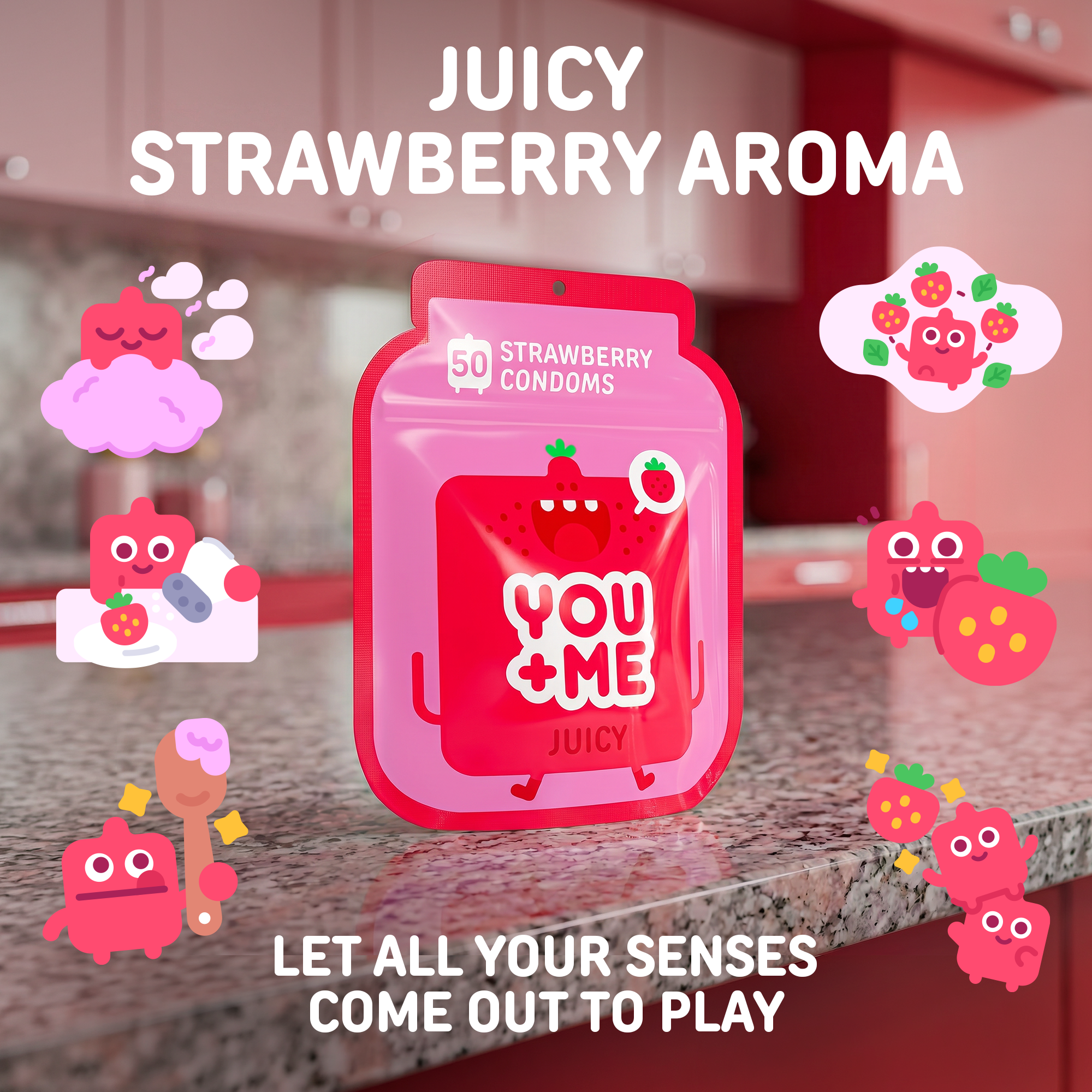 JUICY VEGAN CONDOMS WITH STRAWBERRY AROMA 50 PCS